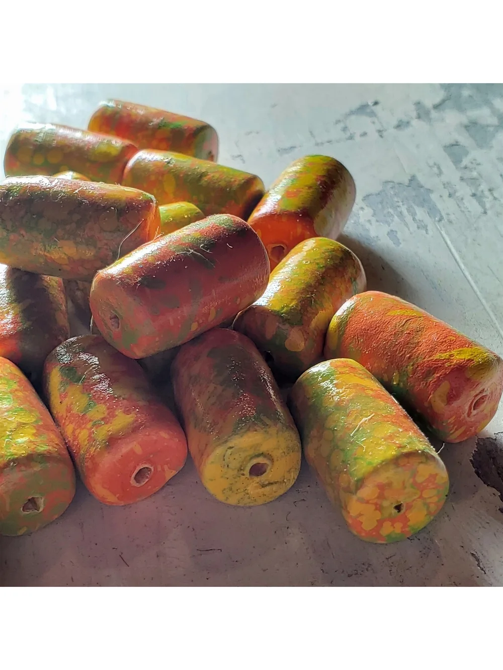Vintage Japanese Mottled Decoupage Beads Coral Pink Cream Green 22mm Tube 4pcs